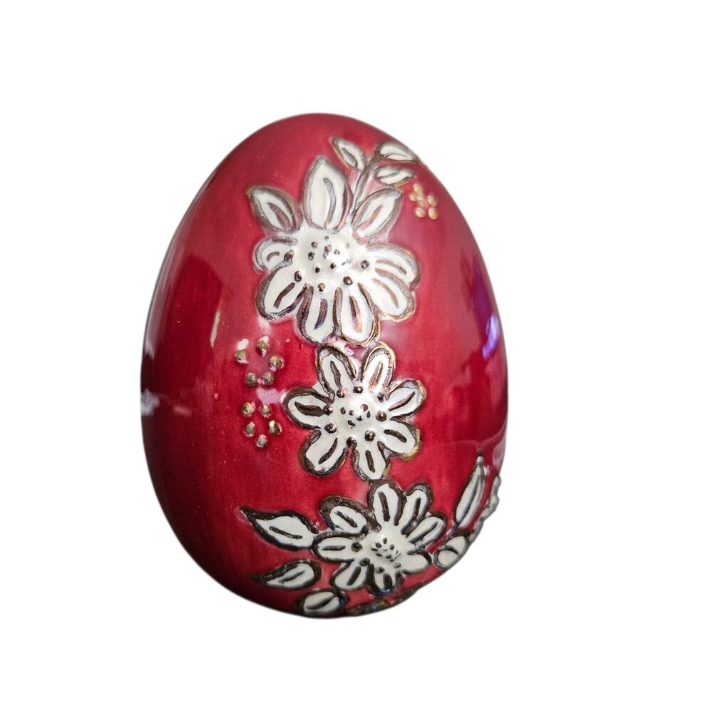 Hand Painted Red Ceramic Decorative Egg Floral Art Glossy Display Decor